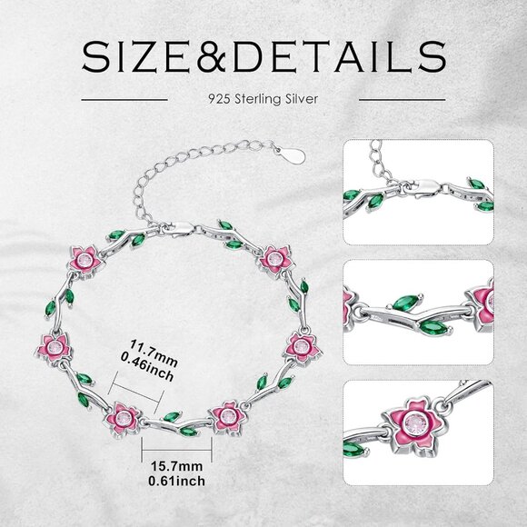 Women’s Peach Blossom Sterling Silver Birth Flower Bracelet with Agate, 9.5-inch - Picture 4 of 8